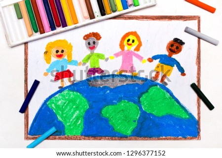 Colorful drawing: International children of the world. Children standing on planet earth 
