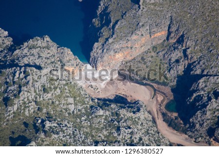 Aerial view of Torrent de pareis, Sa Calobra, Mallorca, Balearic island, Spain.