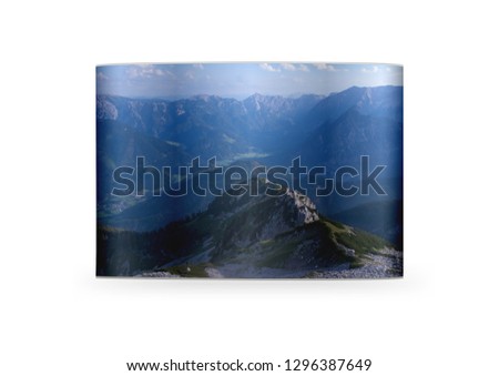 Flat fabric tension pop up wall – trade show stand, banner or display for events with printed photo of beautiful mountains isolated on a white background