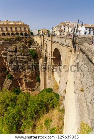 The Puente Nuevo is the newest and largest of three bridges and divides the city of Ronda, in southern Spain.
