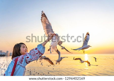 Girl feeding food a seagull in flight by hand.Gull bird flying hover come around to eat on beautiful twilight sunset sky over the sea at Bang Pu, Thailand.Freedom,Vacation,Travel,Holiday Concept. Royalty-Free Stock Photo #1296402169