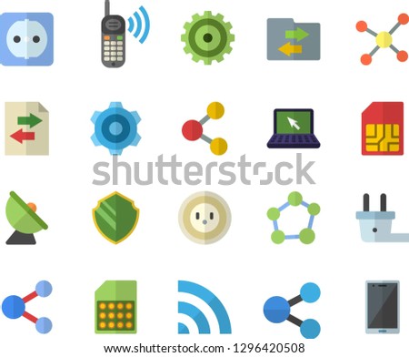 Color flat icon set cogwheel flat vector, sockets, socket, plug, satellite antenna, SIM card, molecules, phone call, laptop, molecule, security fector, share, broadcast, file sharing, mobile