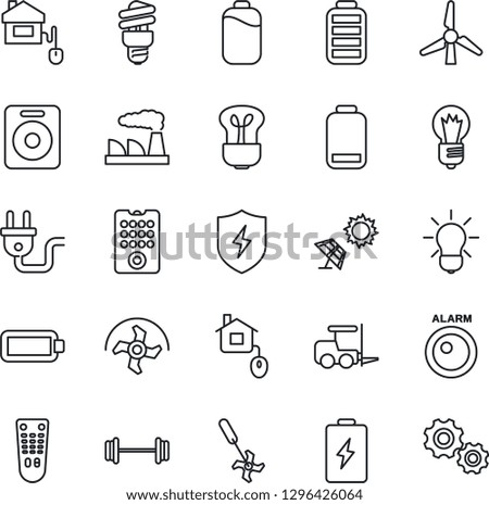 Thin Line Icon Set - fork loader vector, bulb, factory, ripper, barbell, remote control, speaker, battery, low, protect, windmill, home, power plug, energy saving, sun panel, alarm led, gear