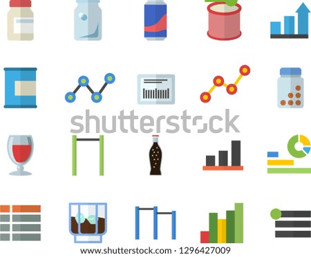 Color flat icon set lemonade flat vector, wine, whiskey, glass bottles, chart, statistics, scatter, barcode, achievement, vitamins, parallel bars, proteins, steroids, menu
