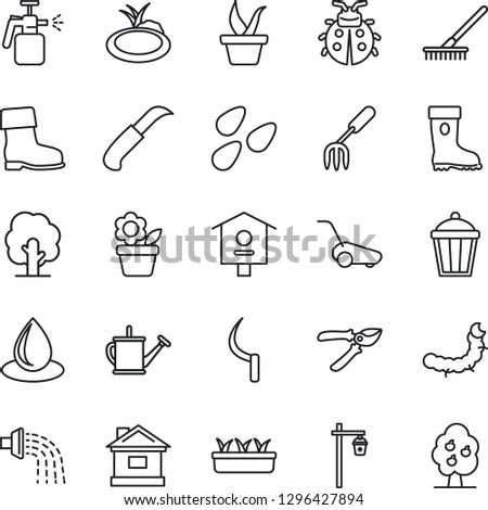 Thin Line Icon Set - flower in pot vector, garden fork, rake, seedling, tree, watering can, pruner, boot, lawn mower, lady bug, house, water drop, sickle, knife, light, seeds, caterpillar, pond