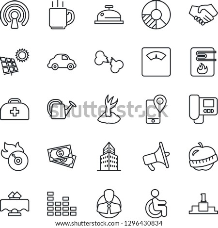 Thin Line Icon Set - circle chart vector, watering can, sproute, doctor case, scales, disabled, broken bone, diet, cash, client, mobile tracking, car delivery, flame disk, loudspeaker, equalizer