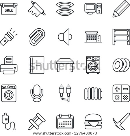 Thin Line Icon Set - washer vector, calculator, printer, fence, dropper, rack, speaker, microphone, rca, torch, copybook, drawing pin, paper clip, pencil, sale, office building, table, plates, pc