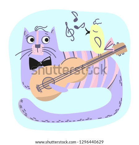 MUSIC CAT Comic Animal Cartoon Vector Illustration Set for Print, Fabric and Decoration.