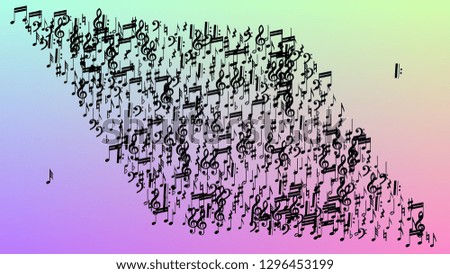 Disco Background. Black Musical Notes Symbol Falling on Hologram Background. Many Random Falling Notes, Bass and, Treble Clef. Disco Vector Template with Musical Symbols.