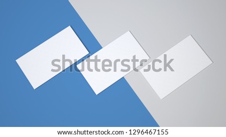 Top view of white modern business cards stack mockup at blue and white isolated background