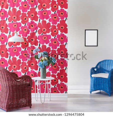 Decorative room, colorful wall, wall and background, frame and armchair sofa style. Home decoration parquet and interior concept.