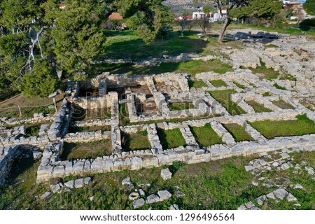 Minoan Archaeological site in Tylissos, Crete Greece form 1600 BC, three houses of rich families, aerial photography details and the whole site