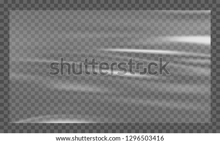 Realistic stretched white plastic warp. Polyethylene background. Vector transparent cellophane mockup. Royalty-Free Stock Photo #1296503416