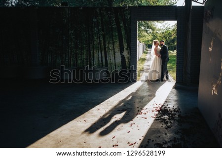 Bearded bride in love and cute blonde bride hugging in a park near the arch. Portrait of lovers and smiling newlyweds near the wall. Wedding photography. Silhouette newlyweds.