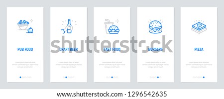 Pub Food, Craft Beer, Fast food, Burgers, Pizza Vertical Cards with strong metaphors. Template for website design.