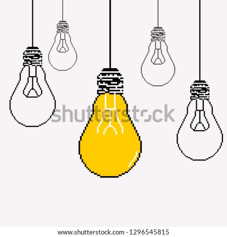Pixel light bulb. Set of hanging pixel light bulbs with one glowing. Energy and idea symbol. Decoration for greeting cards, patches, prints for clothes, badges, posters. Seamless pattern. Pixel art. 8