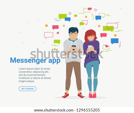 A new messenger app concept flat vector illustration of young boy and girl using mobile smartphone for texting in networks messenger or dating app. Smiling couple standing with chat speech bubbles