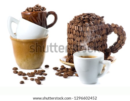 isolated image of a cup of coffee and coffee beans