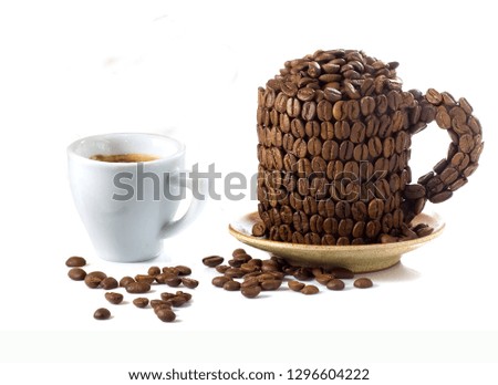 isolated image of a cup of coffee and coffee beans