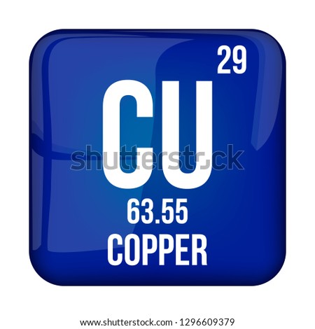 Copper symbol.Chemical element of the periodic table on a glossy white background in a silver frame.Vector illustration.