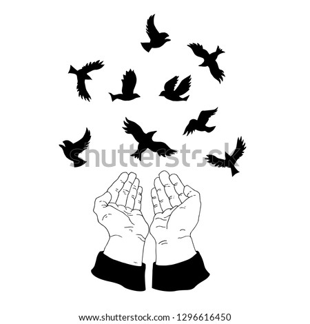 Hands let the birds go free. metaphoric, symbolic black and white illustration. Concept: freedom