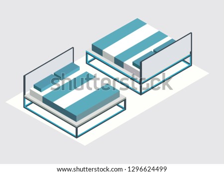 Modern set bedroom design in isometric style vector illustration of family double wooden bed with mattress, two blue pillows and background.