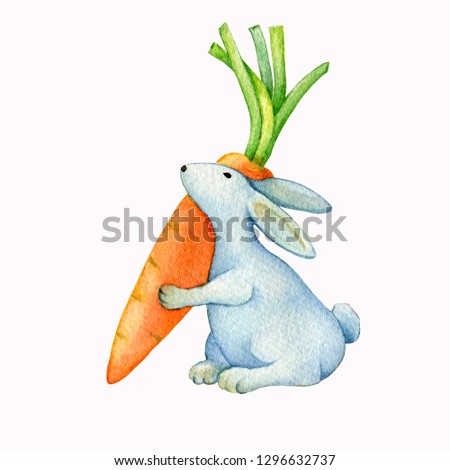 Happy easter decor - a cute white rabbit holding carrot. Hand drawn watercolor painting illustration isolated on white background.