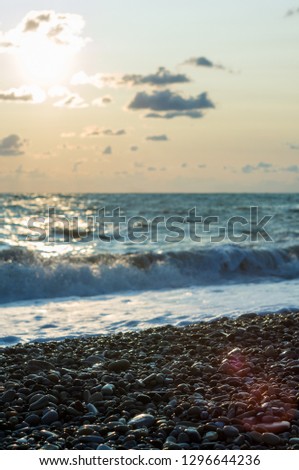 sea landscape is a pebbly beach with waves in white foam