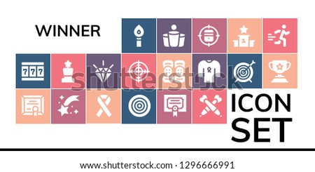  winner icon set. 19 filled winner icons. Simple modern icons about  - Torch, Slot machine, Diploma, Shooting star, Ribbon, Dartboard, Merit, Darts, Award, Quality, Target, Kneepad