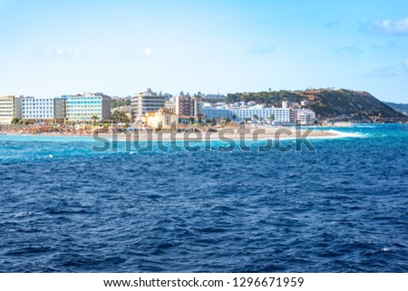 View of coastline of City of Rhodes lined with hotels on Elli beach (Rhodes, Greece)