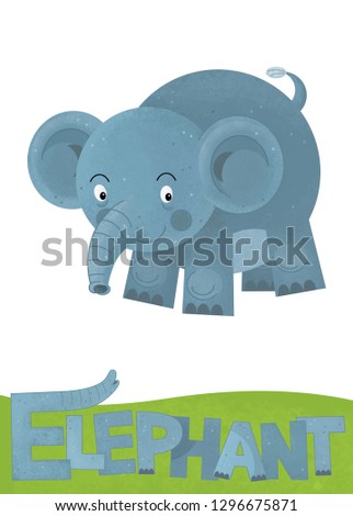 cartoon scene with elephant card on white background with name of animal - illustration for children
