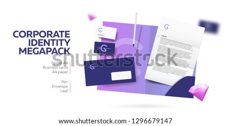 Corporate branding identity premium design. Stationery mockup vector megapack set. Template for shop and jewelry store. Folder and A4 letter, visiting card and envelope. Colorful creative logo design.