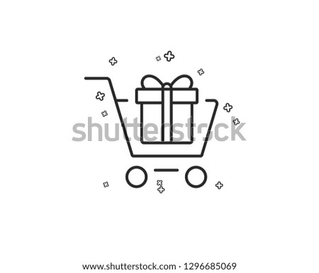 Shopping cart with Gift box line icon. Present or Sale sign. Birthday Shopping symbol. Package in Gift Wrap. Geometric shapes. Random cross elements. Linear Shopping cart icon design. Vector
