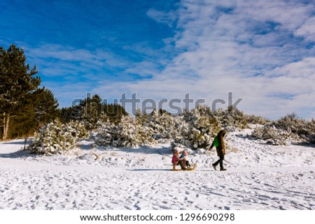 Father pulling twin girls on sledge. Snow mountain forest. Family Winter Vacation. 