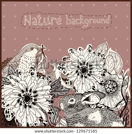 vector floral background with blooming flowers and wild animals