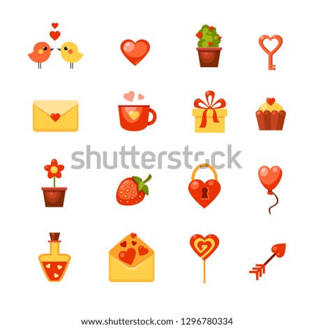 Vector set of love icons for the Saint Valentine's Day. Collection of cartoon objects including hearts, envelope, cup, birds, flowers, arrow, lock, balloon, candy, cake, gift, strawberry, key, bottle.
