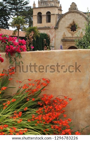 A spray of orange flowers against an adobe mission wall Royalty-Free Stock Photo #1296783226