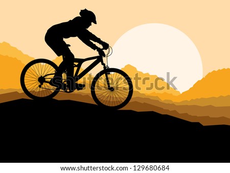 Mountain bike rider in wild mountain nature landscape background illustration vector