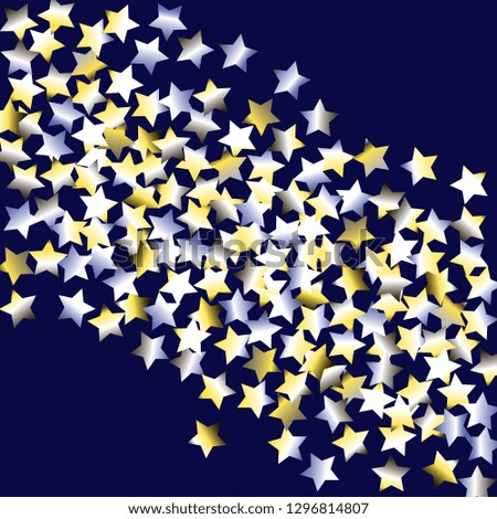 Colorful stars scattered diagonally. Isolated yellow blue white grey gradient stellar elements. Iridescent glitter festive celebration vector template for celebration decoration