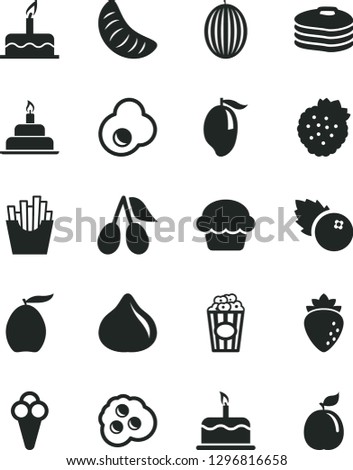 Solid Black Vector Icon Set - cake vector, birthday, French fries, cup of popcorn, cone, fried egg, omelette, blueberries, strawberries, pancakes, raspberry, cornels, fig, melon, mango, loquat