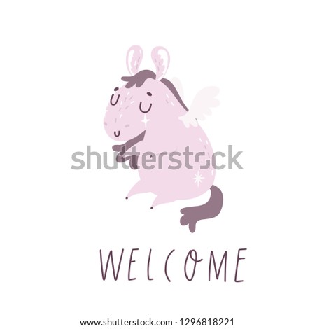 Card with cute pegasus and lettering. Baby shower poster. Printable art perfect for invitations, cards, posters etc.
