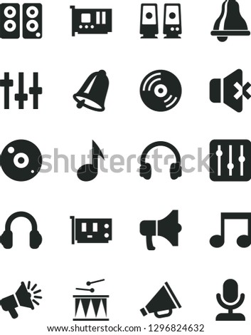 Solid Black Vector Icon Set - bell vector, horn, drumroll, CD, regulator, no sound, megaphone, loudspeaker, pc card, headphones, speaker, note, settings, microphone