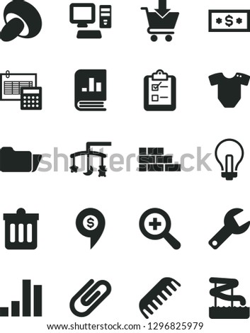 Solid Black Vector Icon Set - repair key vector, incandescent lamp, zoom, toys over the cradle, t short, comb, brick wall, calculation, dust bin, put in cart, survey, clip, porcini, bar chart, pin