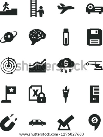 Solid Black Vector Icon Set - encrypting vector, pc tower, floppy, projector, test tube, brain, magnet, radar, saturn, flame torch, carrer stairway, arrow graph, star flag, man with ladder, confirm