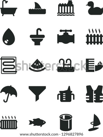 Solid Black Vector Icon Set - measuring cup for feeding vector, rubber duck, washbasin, bath, heating coil, drop, umbrella, fish, slice of water melon, valve, hydroelectricity, pipes, aluminum, pool