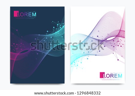 Modern vector template for brochure, leaflet, flyer, cover, catalog in A4 size. DNA helix, DNA strand, molecule or atom, neurons. Abstract structure for Science or medical background.