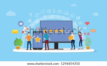 online reputation management team working together for customer review rating star with people work together to manage - vector illustration Royalty-Free Stock Photo #1296854350