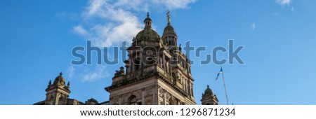 Panoramic picture of the upper section of the Glasgow City Chambers' building, Glasgow, Scotland