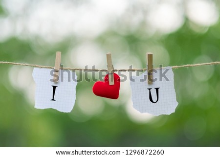I LOVE YOU word on paper and red heart shape decoration hanging on line with copy space for text on green nature background. Love Wedding Romantic and Happy Valentine’ s day holiday concept