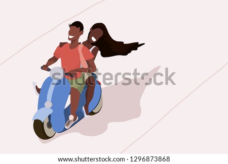 couple riding motorcycle scooter african woman man in love traveling together on motorbike active people freedom concept male female full length characters flat horizontal